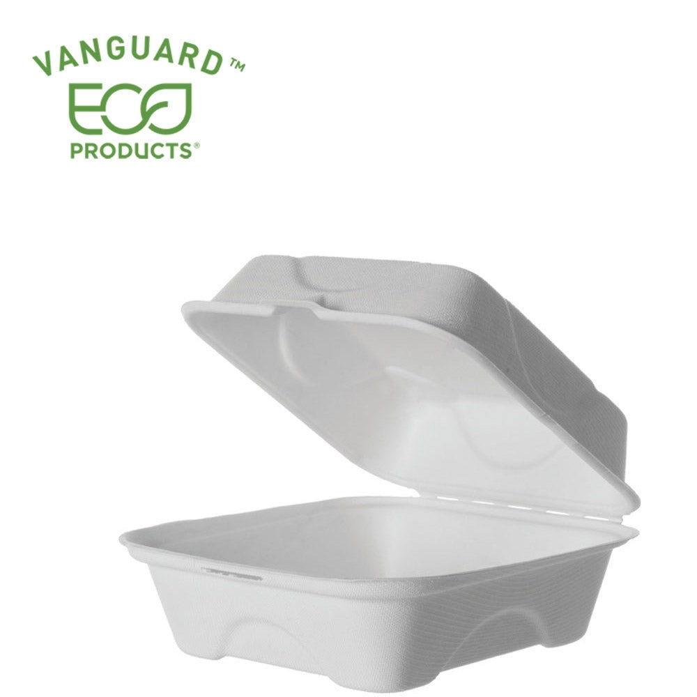 Eco-Products Vanguard™ Renewable & Compostable Sugarcane Clamshells - 6in x 6in x 3in (SKU: EP-HC6NFA)