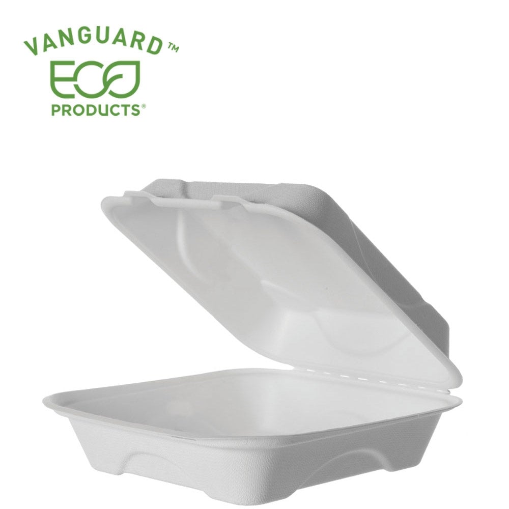 Eco-Products Vanguard™ Renewable & Compostable Sugarcane Clamshells - 8in x 8in x 3in (SKU: EP-HC81NFA)