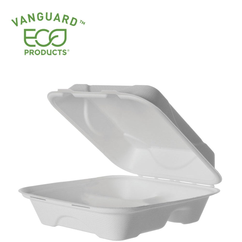 Eco-Products Vanguard™ Renewable & Compostable Sugarcane Clamshells, 3-Cmpt - 8in x 8in x 3in (SKU: EP-HC83NFA)