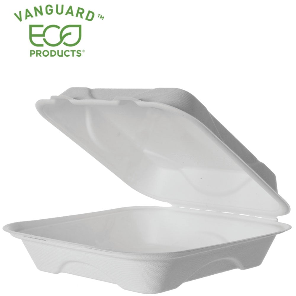 Eco-Products Vanguard™ Renewable & Compostable Sugarcane Clamshells - 9in x 9in x 3in (SKU: EP-HC91NFA)