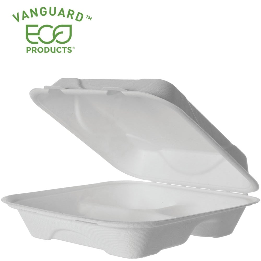 Eco-Products Vanguard™ Renewable & Compostable Sugarcane Clamshells, 3-Cmpt - 9in x 9in x 3in  
 (SKU: EP-HC93NFA)