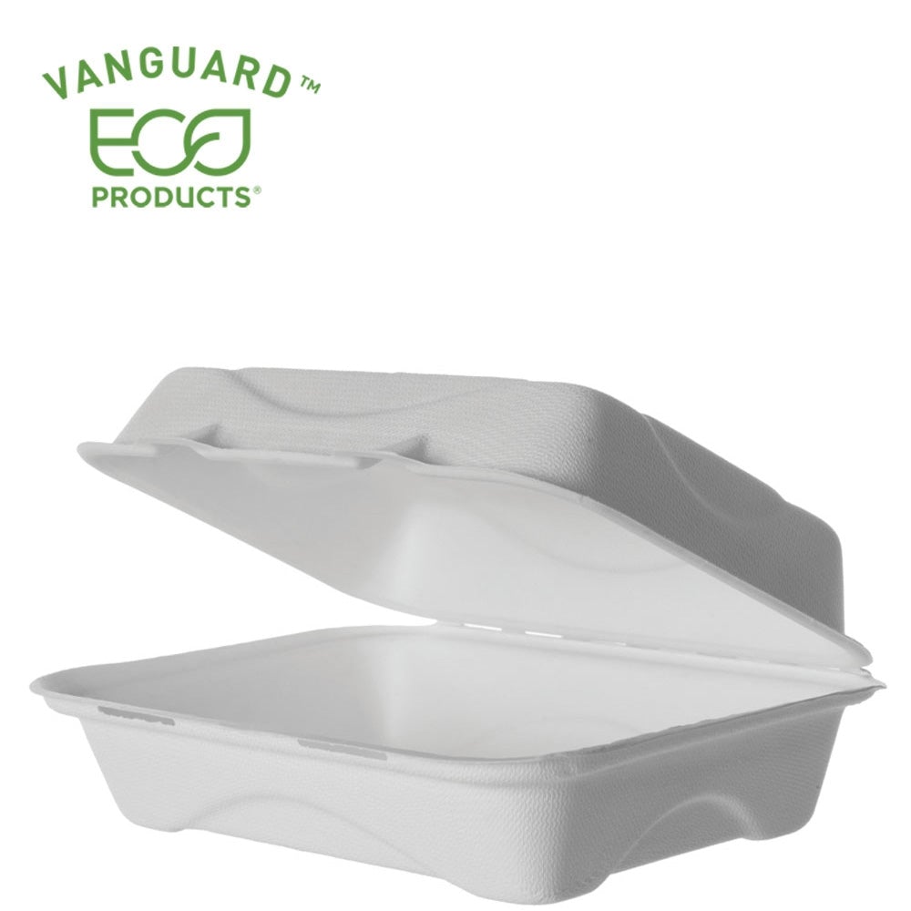 Eco-Products Vanguard™ Renewable & Compostable Sugarcane Clamshells - 9in x 6in x 3in (SKU: EP-HC96NFA)