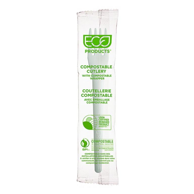 Eco-Products Plantware Renewable & Compostable Individually Wrapped Fork - 6" White, Compostable Wrapper 
 (SKU: EP-S012-W)