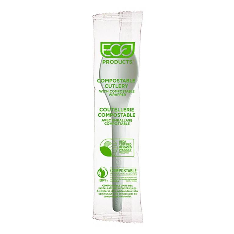 Eco-Products Plantware Renewable & Compostable Individually Wrapped Spoon - 6" White, Compostable Wrapper (SKU: EP-S013-W)