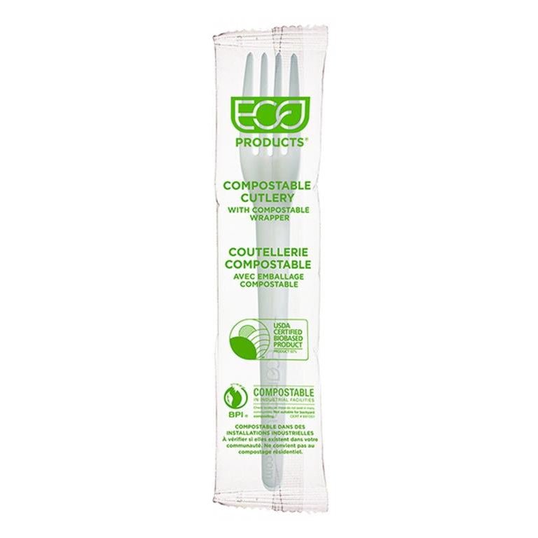 Eco-Products Plantware Renewable & Compostable Individually Wrapped Fork - 7" White, Compostable Wrapper (SKU: EP-S017-W)