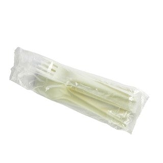 Vegware Compostable cutlery kit (6.5in knife, fork, spoon & napkin in a bio film) (SKU: VW-KFSWN)
