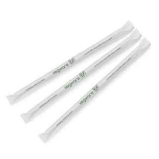 Vegware 8.25" compostable green stripe straw, wrapped (SKU: WS05-GSW)